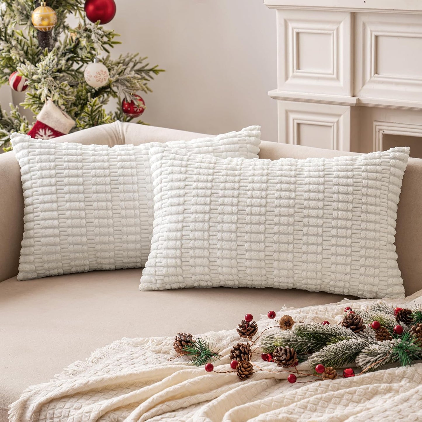 MIULEE Corduroy Decorative Lumbar Pillow Covers - Soft Boho Striped 20x12 Inch | Modern Farmhouse Decor
