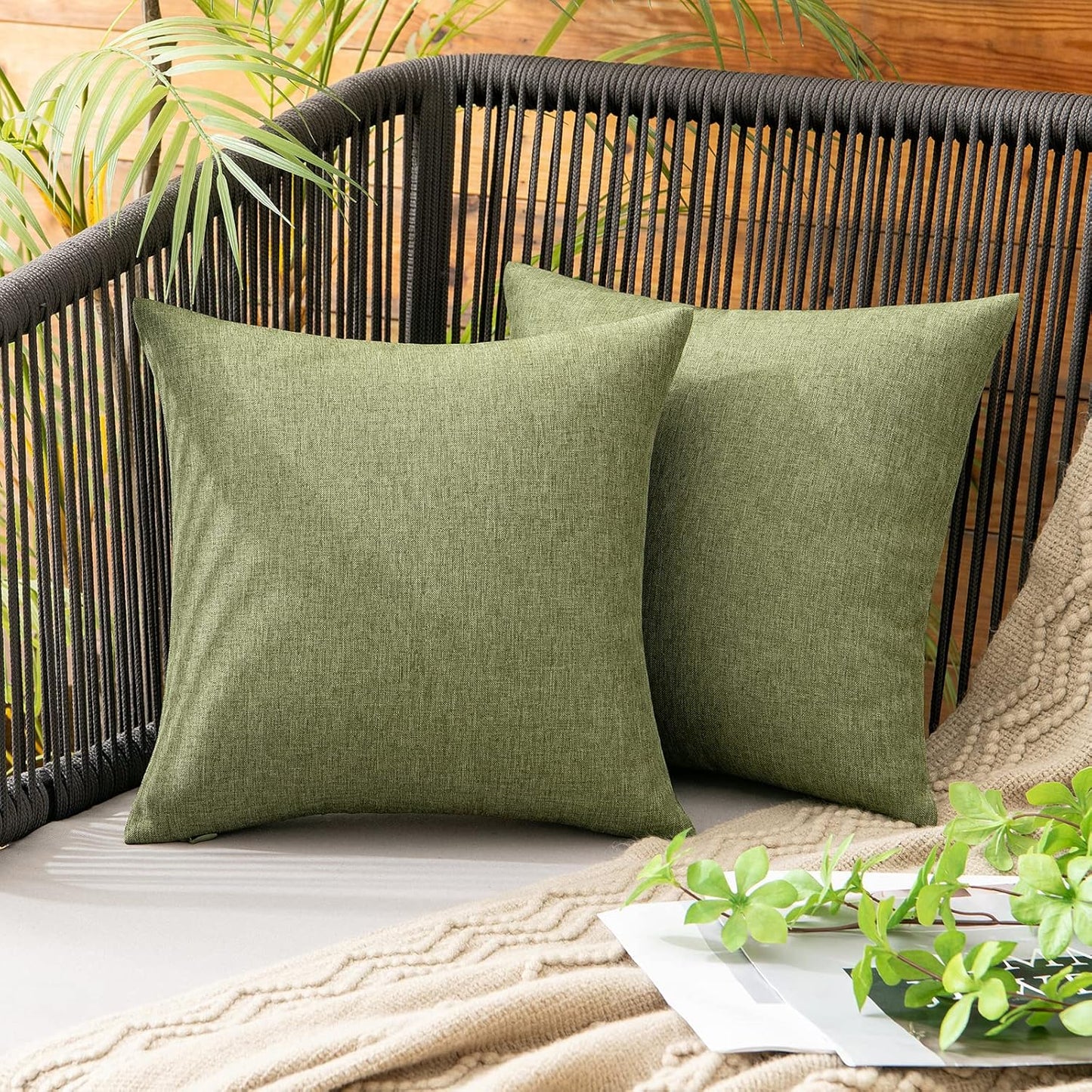 MIULEE Decorative Outdoor Throw Pillow Covers - Waterproof Faux Linen Cushion Cases | 12x12 Inch Dark Green (Pack of 2)