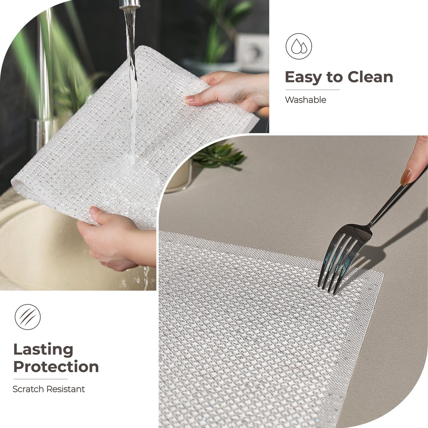 Leetaltree Sparkling Translucent White Sequin Woven Vinyl Placemats, Set of 6 - Waterproof & Washable Dining Table Mats for Wedding, Anniversary, Daily Use, Hand-Cut