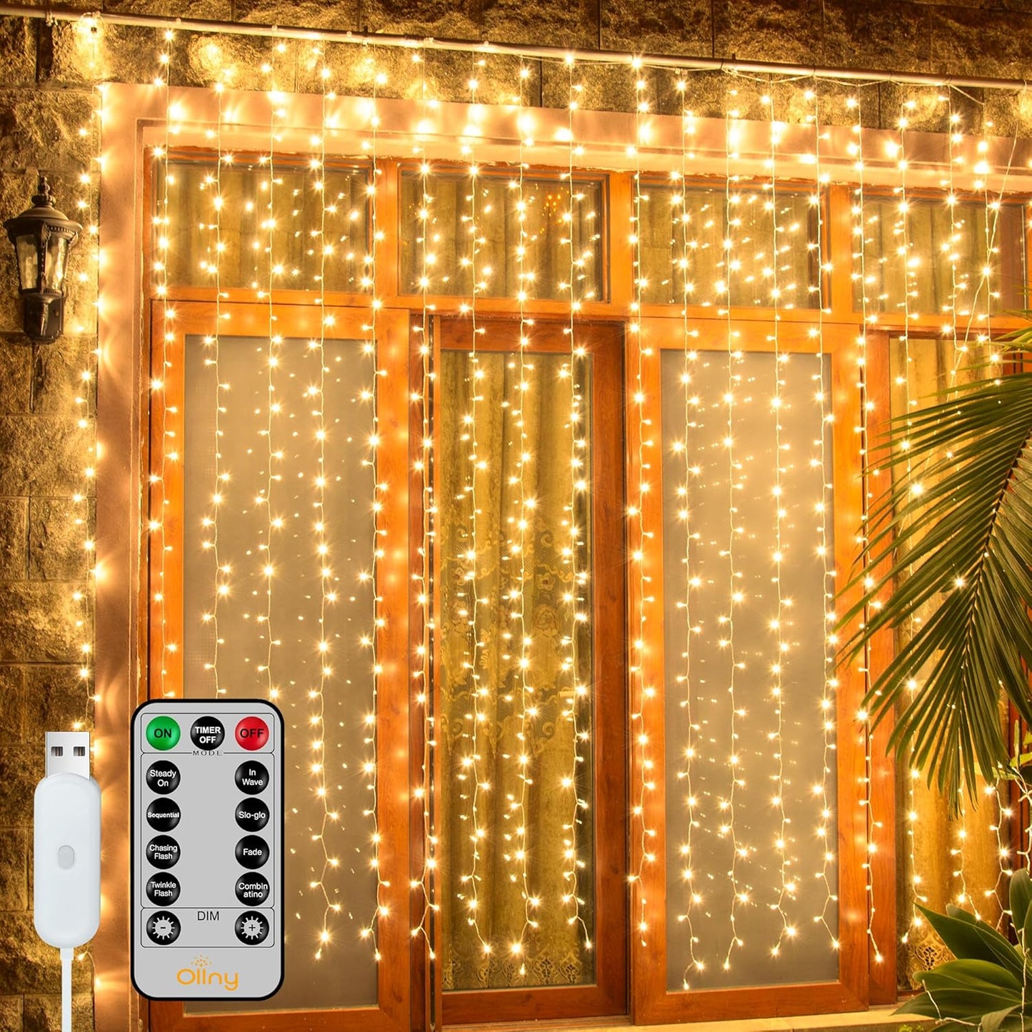 Ollny Curtain Lights - 200 LED Dimmable Fairy String Lights with Remote | 6.6x6.6ft Warm White Decor