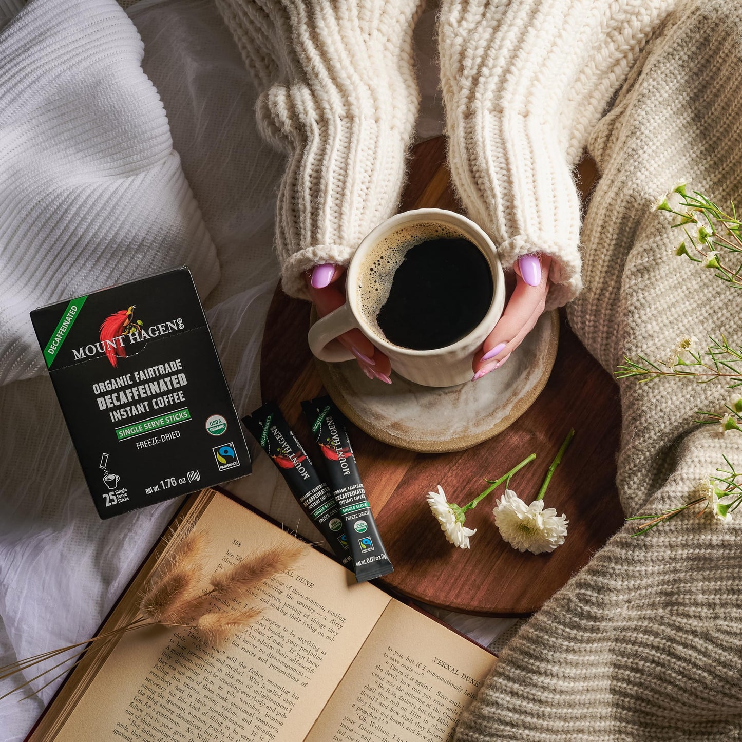 Mount Hagen 25 Count Single Serve Instant Decaf Coffee Packets - 2 pack | Decaffeinated Organic Medium Roast Arabica Beans | Eco-friendly, Fair-Trade [2 x 25 sticks/1.76oz/50g], Pack of 2