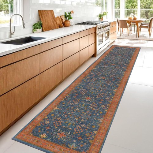 Hazo Haus Navy Blue Washable Hallway Runner Rug - 10 ft Non-Slip, Fade & Stain Resistant | Dark Boho Geometric Decor