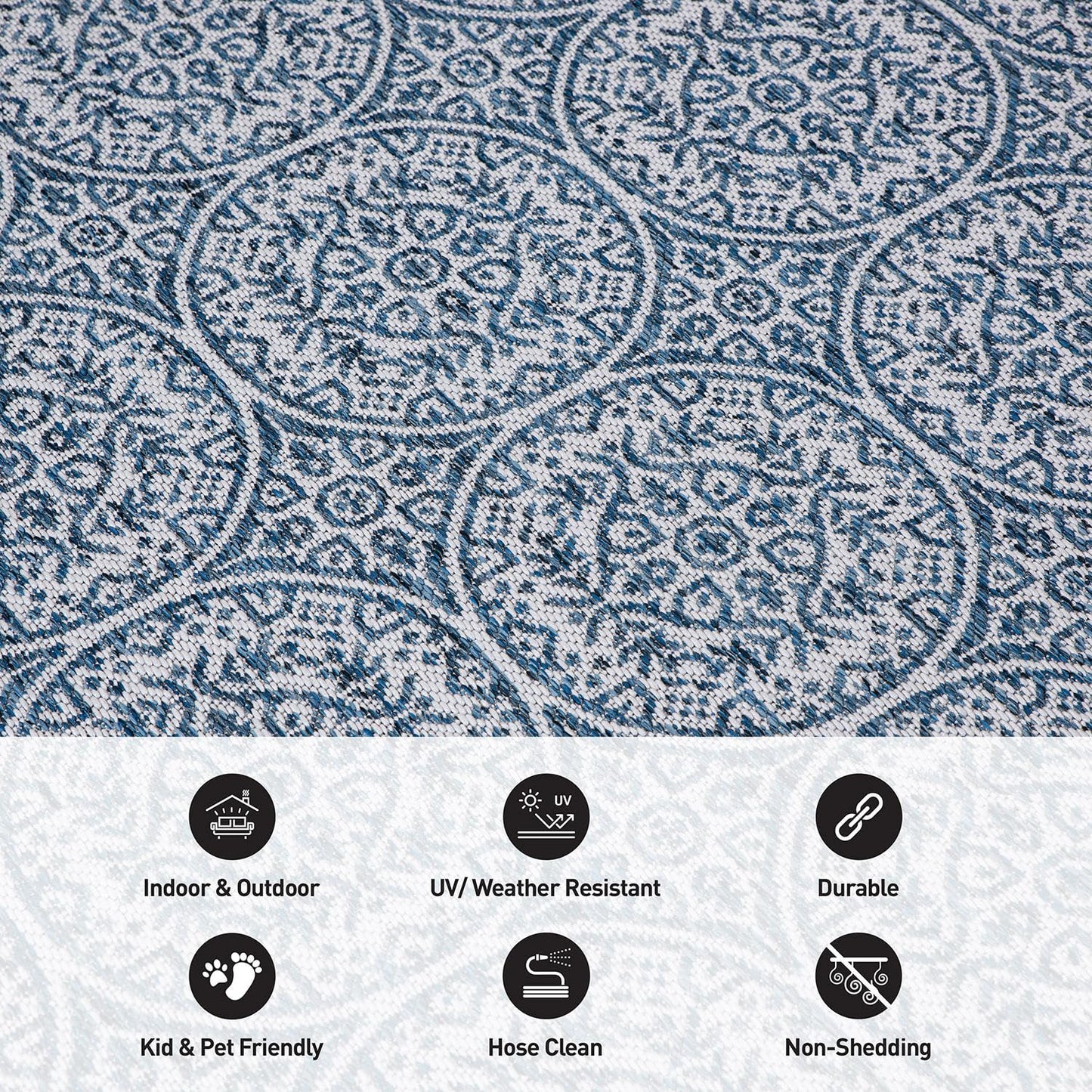 Rugshop Capri Transitional Floral Circles Textured Flat Weave Easy Cleaning Outdoor Rugs for Deck,Patio,Backyard Indoor/Outdoor Area Rug 5' x 7' Navy