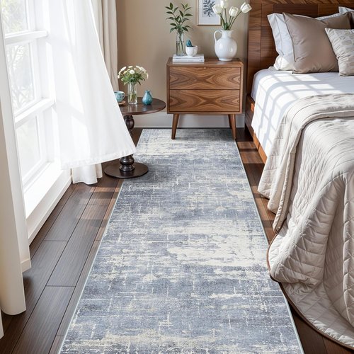 **Hallway 2x10 Washable Runner Rug - Abstract Design | Stain Resistant Non-Slip Carpet for Entryway & Living Room (2x10, Blue/Ivory)**
