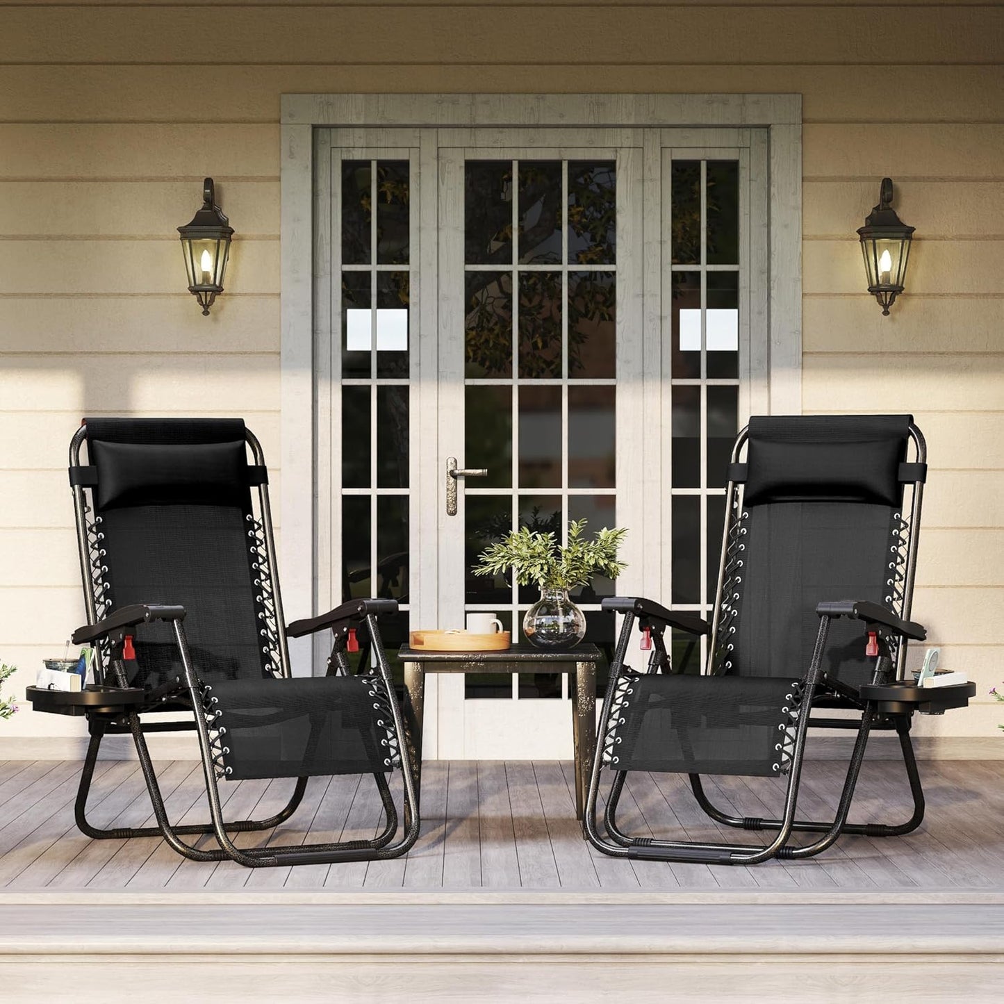 Yaheetech Zero Gravity Recliners - Adjustable Folding Lounge Chairs with Pillows & Cup Holders | Black, Set of 2