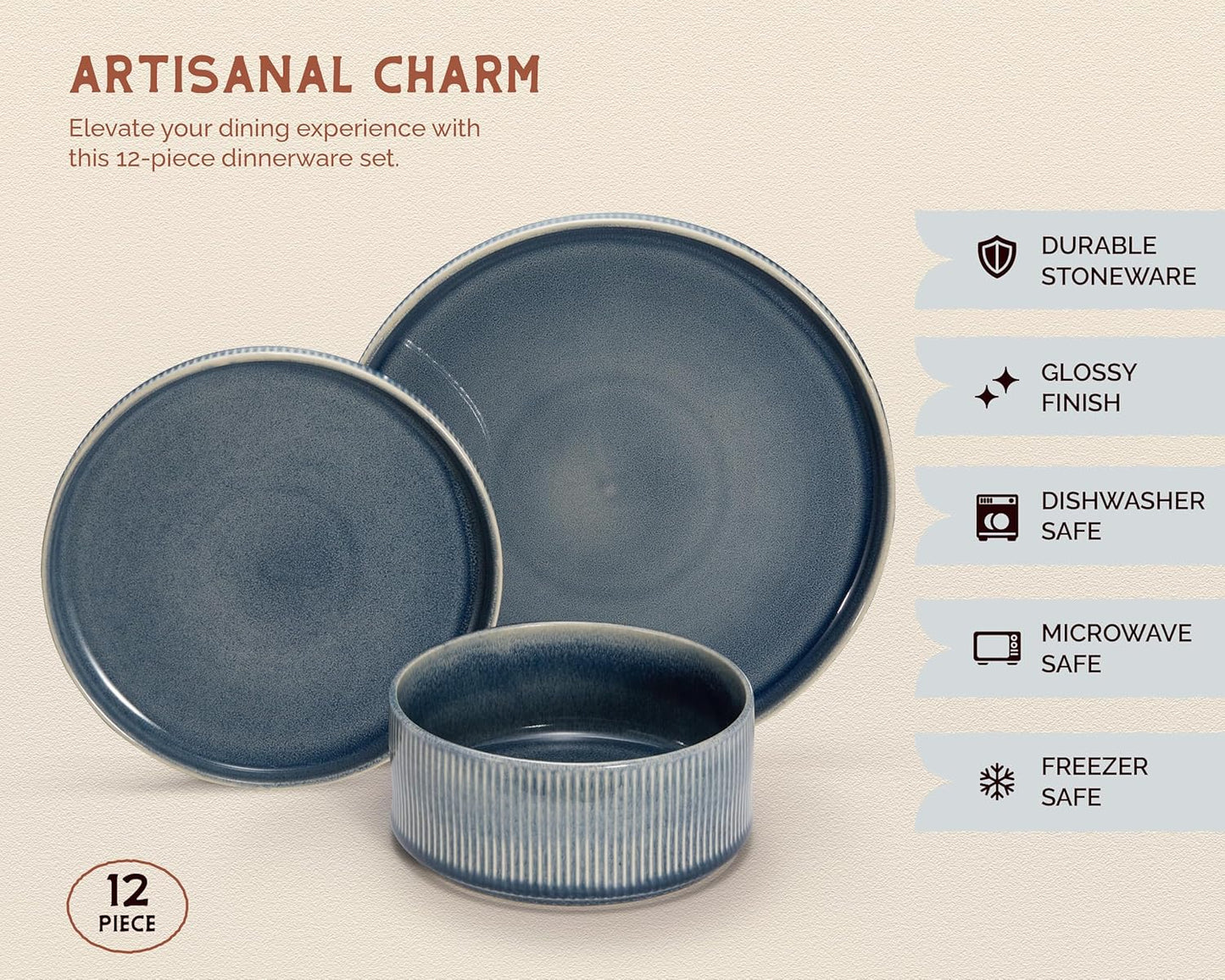 Vase and Vessel Ceramic Dinnerware Set - 12-Piece Service for 4 | Ombre Reactive Glaze, Durable Stoneware, Denim