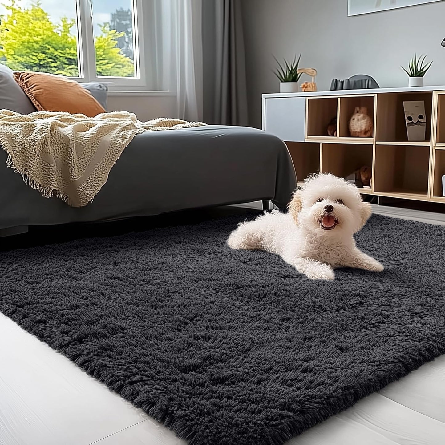 OLANLY Area Rugs - Soft Fluffy Shaggy Indoor Carpet for Living Room & Bedroom | 4x5.9 ft Black