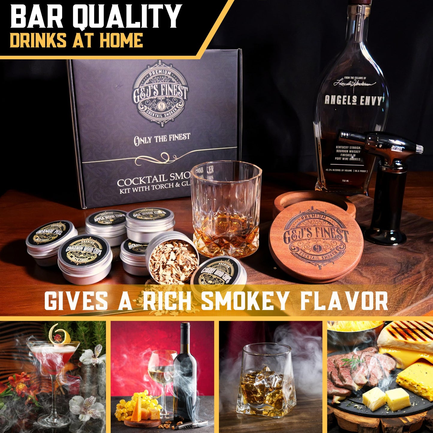 Whiskey Smoker Kit with Torch, 2 Glasses & 2 Ice Molds - 6 Wood Chips| Cocktail Smoker Kit for Smoked Drinks| Bourbon Smoker Kit| Old Fashioned Smoker Kit| Whiskey Gift for Men (No Butane Incl.)
