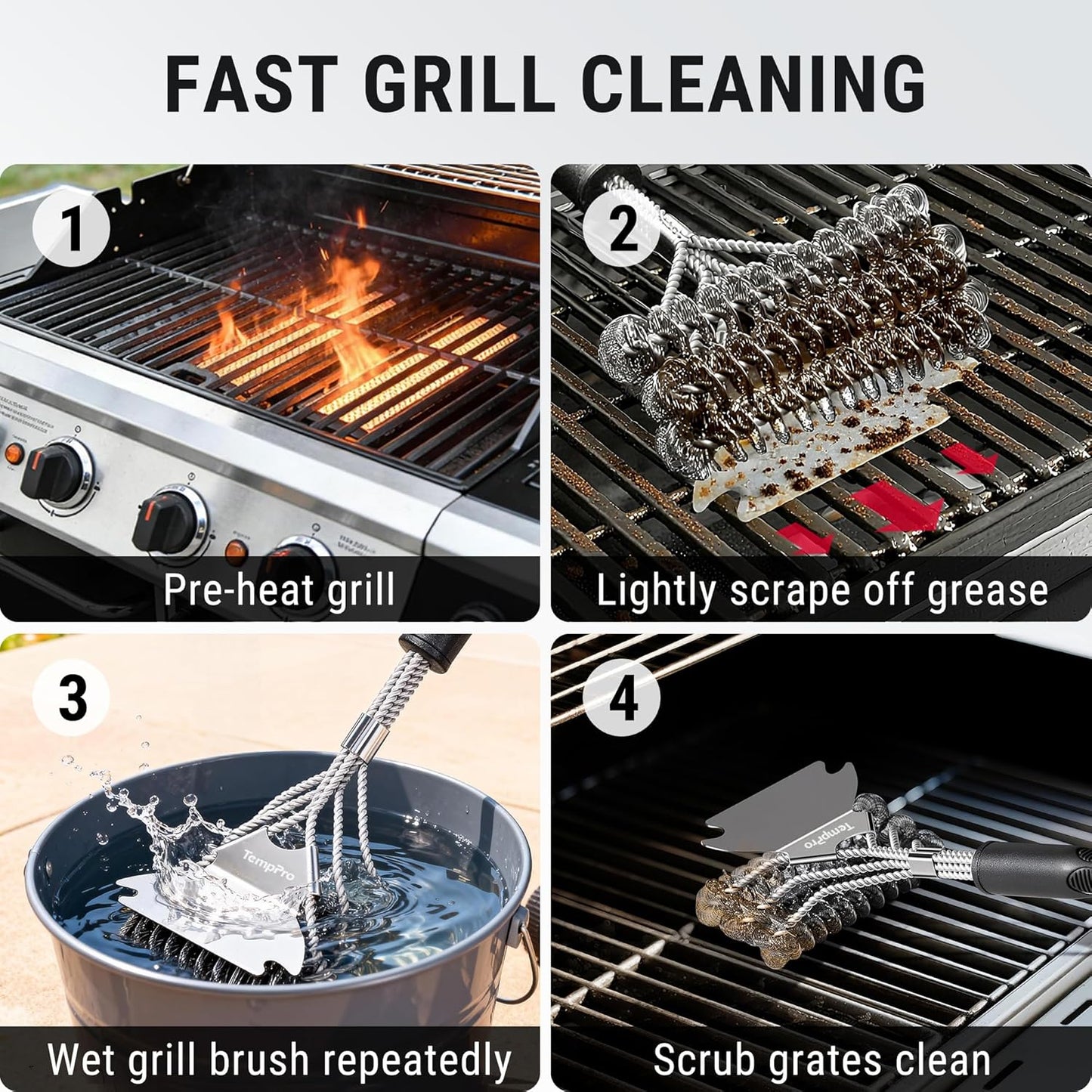 TempPro BBQ Grill Brush - Bristle-Free Stainless Steel Cleaner for Safe Grilling | Perfect BBQ Accessory