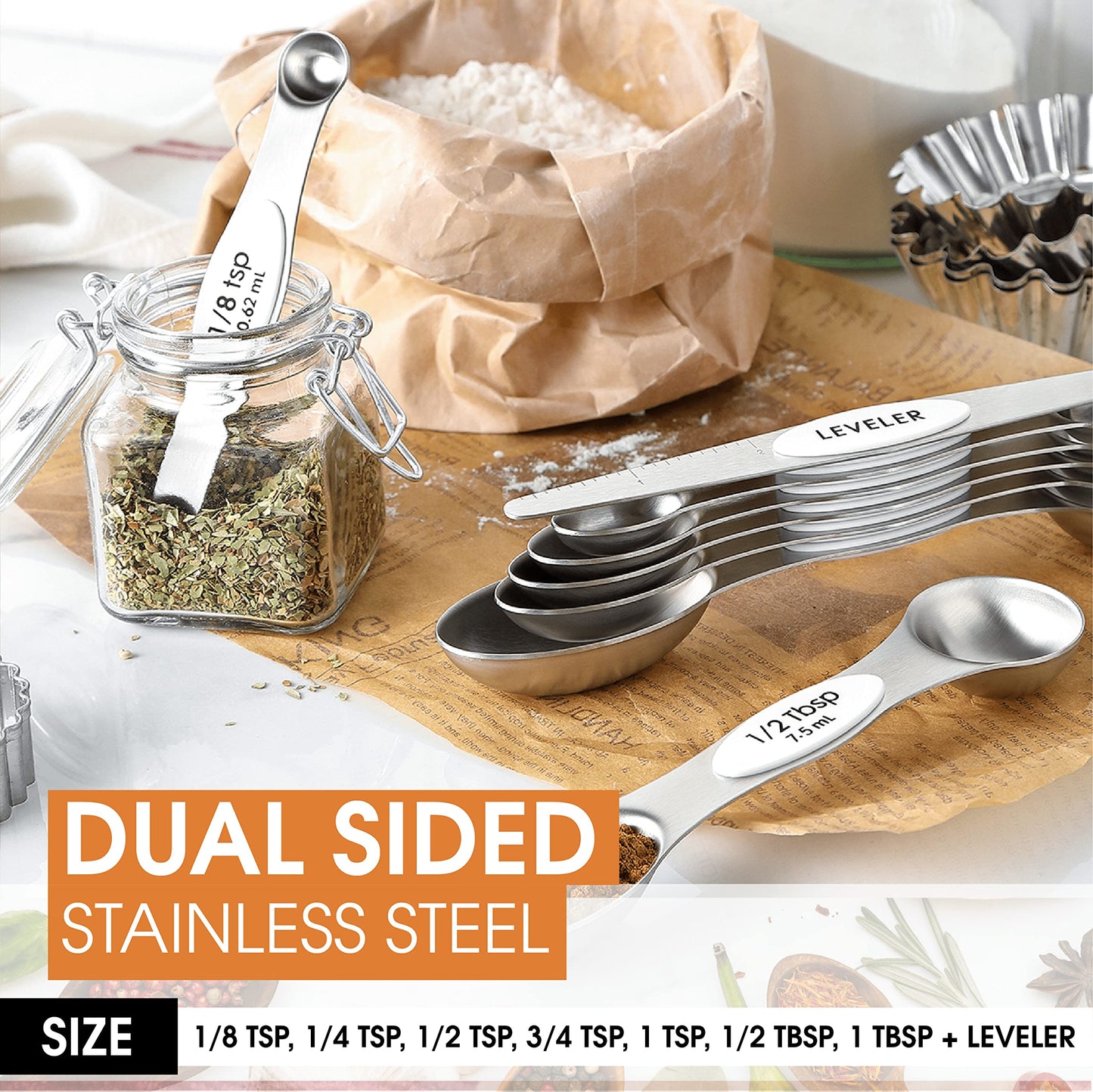 Spring Chef White Stainless Steel Magnetic Measuring Spoons Set of 8 with Leveler, Dual Sided Metal Teaspoon & Tablespoon Measuring Spoons, Fits in Spice Jars, Kitchen Gadgets for Baking & Cooking
