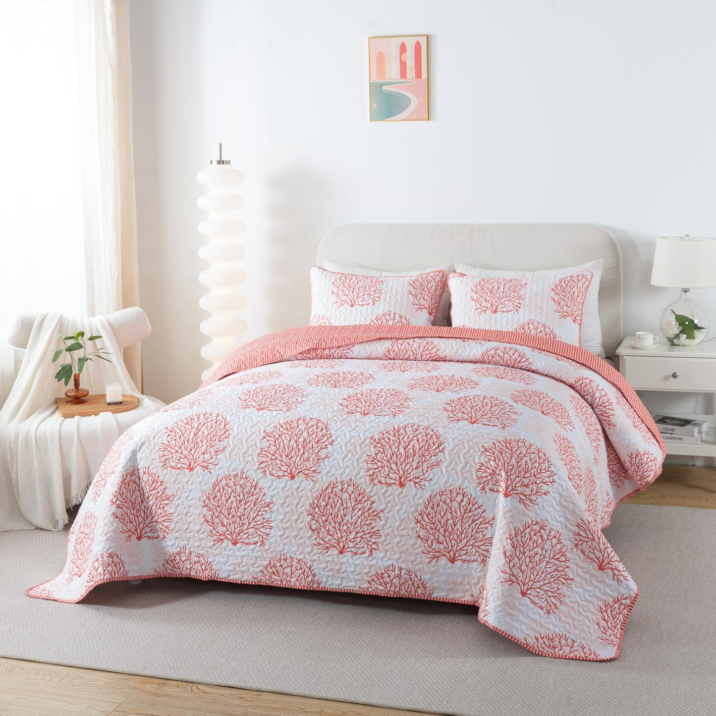 Soul & Lane Coastal Quilt Set - Twin and 1 Sham, Quilted Coastal Bedspread with Beach Theme, Ocean Bedding Set, Summer Nautical Quilt, Beachy Comforter with Tropical Motif, Sea of Coral