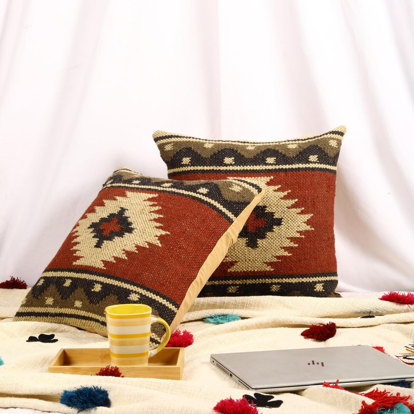 Trade Star 70% Jute 30% Wool Pillow Shams Handloomed Rug Decorative Cushion Case Set of 2 Kilim Cushion Cover Throw Pillow Cover Handwoven Pillowcase 18x18 Inches Designer Cushion Cover (Kilim 12)
