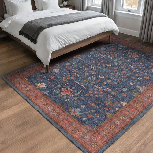 Hazo Haus Dark Blue & Terracotta Area Rug - Machine Washable 5x8 Living Room Carpet with Non-Slip Backing