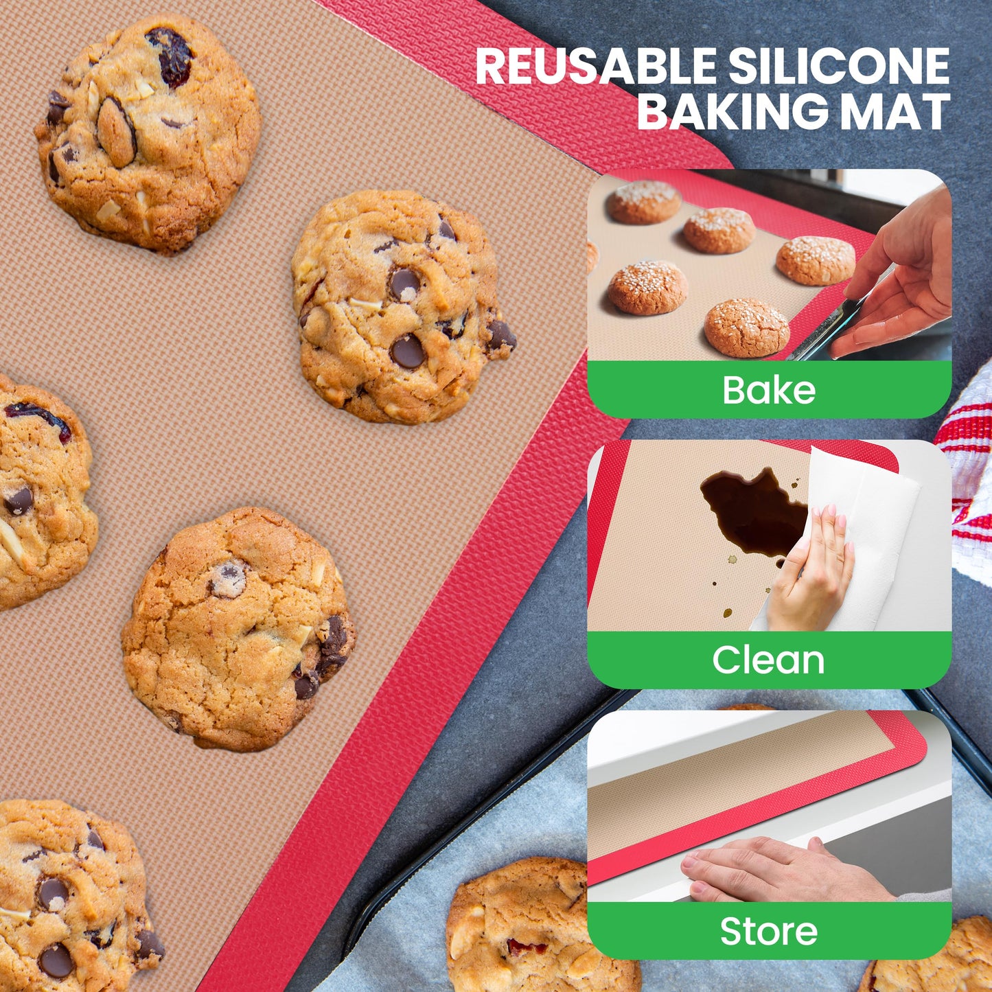Nutrichef Silicone Baking Mats - 2 Non-stick Food-Grade Silicone Mats - Perfect for Full Baking Pans 24.4 x 16.5 IN - Oven-safe Up to 480 Degrees F - Suitable for Ovens, Freezers, & Dishwashers - Red