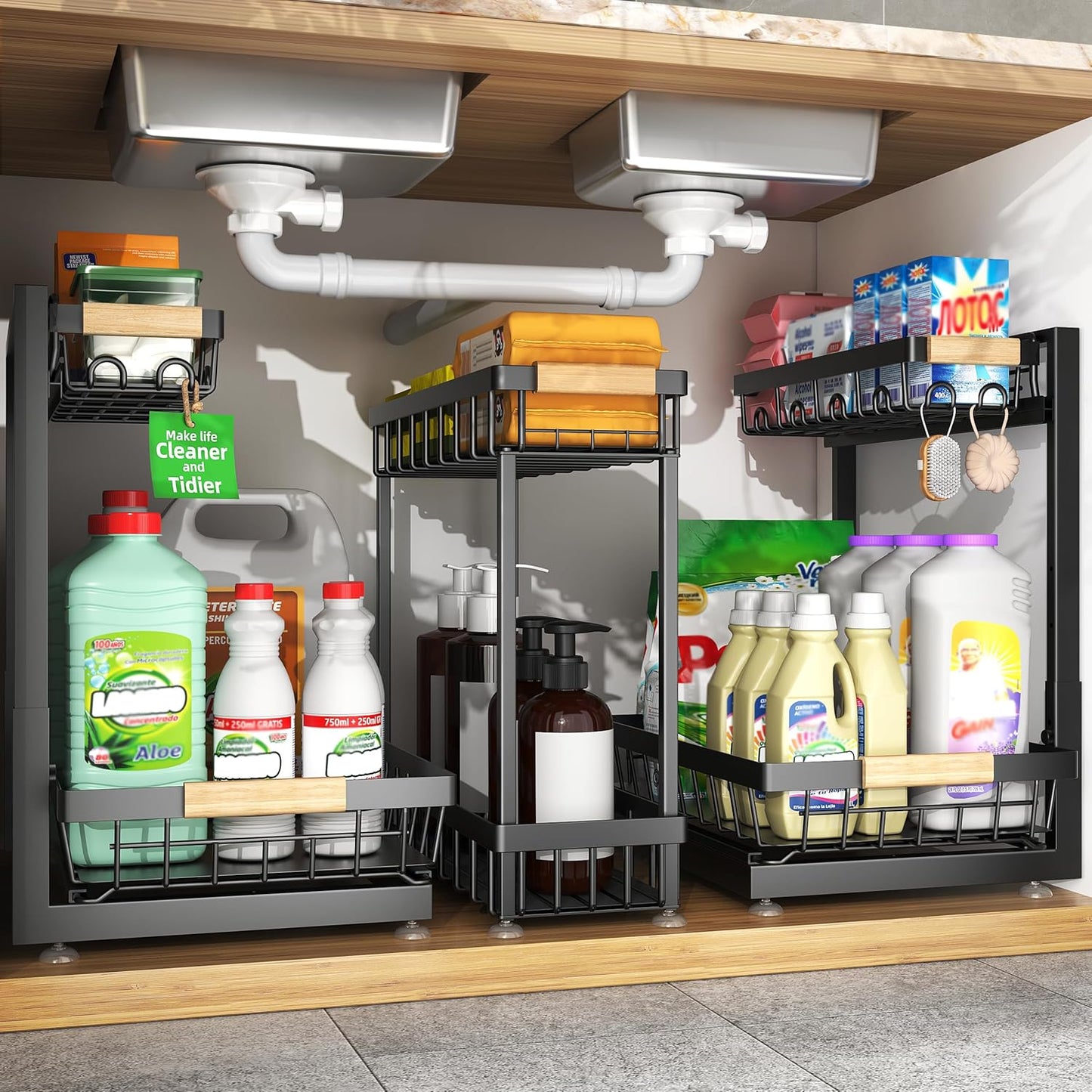 Sevenblue Under Sink Organizer - Height Adjustable 2-Tier Pull-Out Metal Storage | Multi-Purpose Shelves for Kitchen & Bathroom