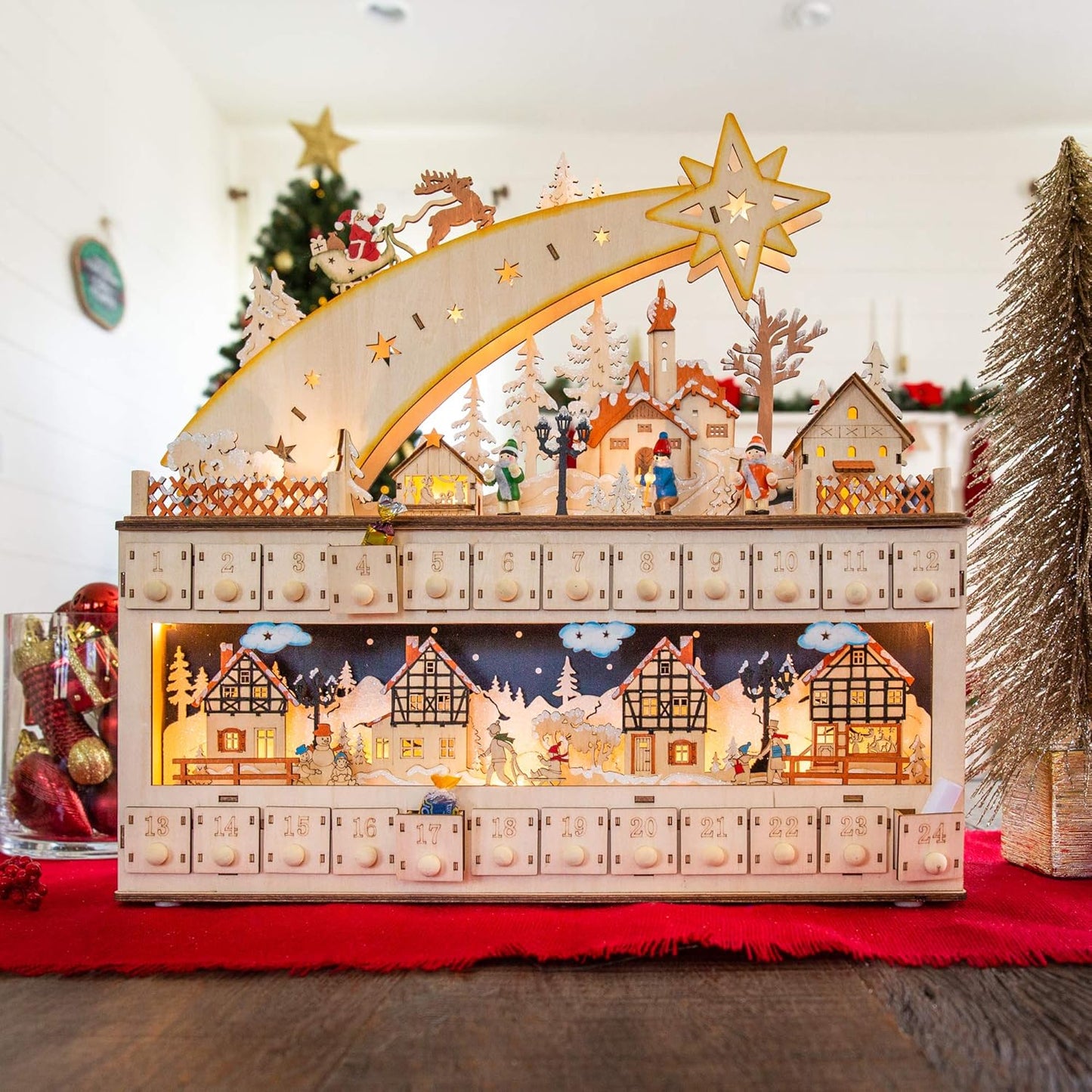 Best Choice Products Wooden Christmas Advent Calendar - Shooting Star Holiday Decor with LED Lights