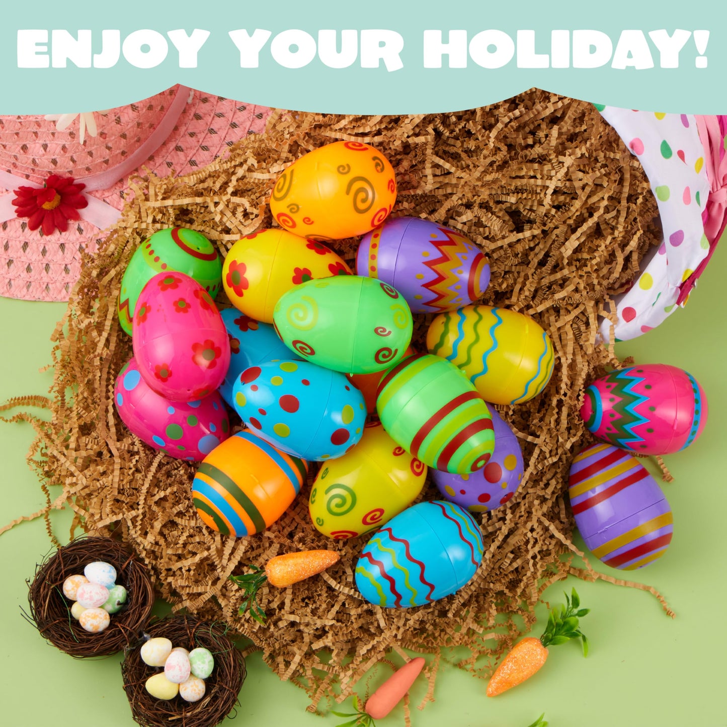 JOYIN Toy 100 PCs Plastic Printed Bright Easter Eggs, Over 3.15'' Tall Fillable Empty Eggs Bulks for Easter Hunt, Basket Stuffers Fillers, Classroom Prize Supplies, Filling Treats and Party Favor