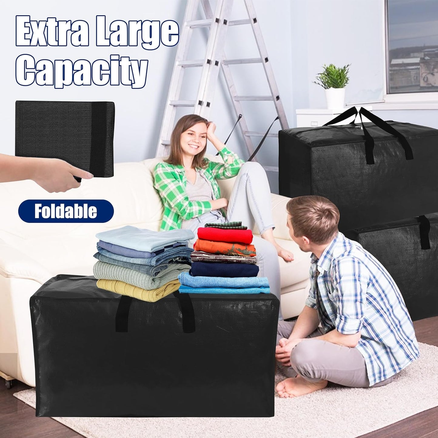 Sweet Dolphin Extra Large Moving Bags - Heavy Duty Storage Totes with Strong Zippers & Handles | Black, 6 Pack