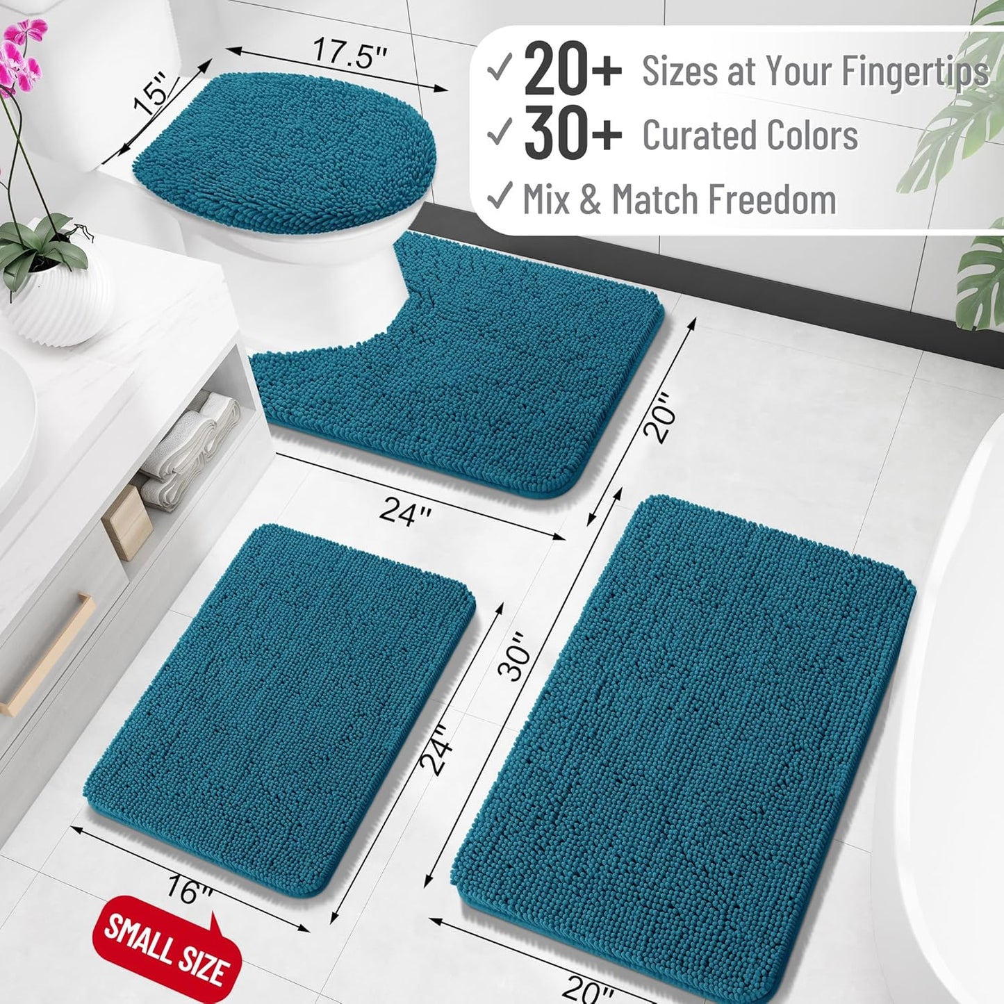 OLANLY U-Shaped Toilet Rug - Extra Soft Chenille, Quick-Dry, Non-Slip Bath Mat | 24x20, Peacock Blue