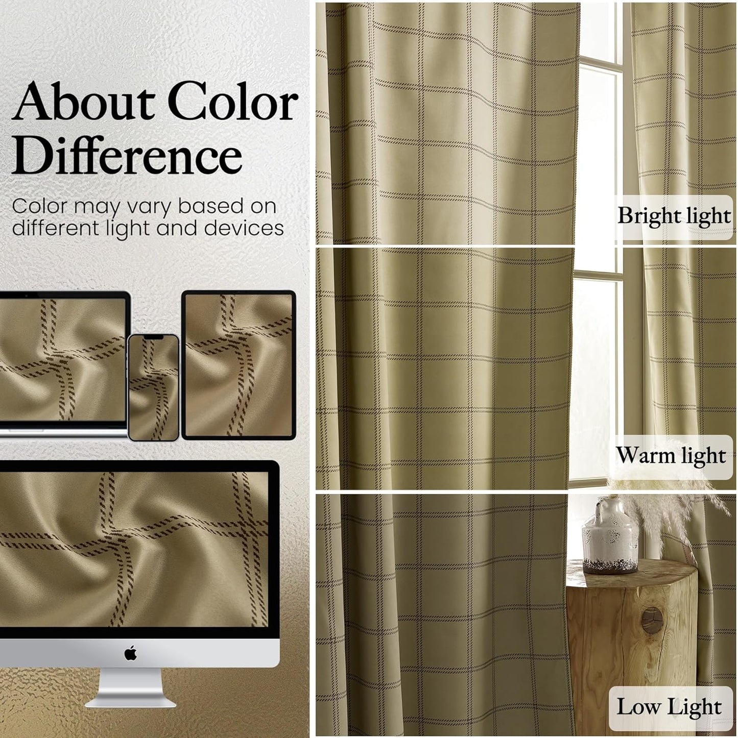 NICETOWN 100% Blackout Plaid Curtains - 84 Inch Long Thermal Insulated Drapes, 2 Panels Set, Burlap