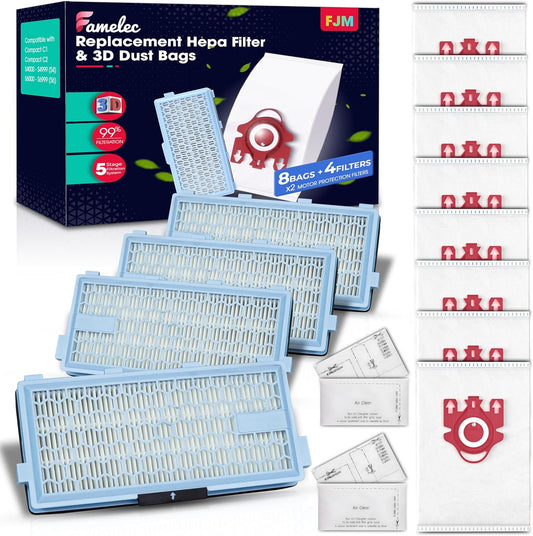 Miele 3D Airclean Vacuum Cleaner Bags & HEPA Filters - 8 Bags & 4 Filters for Compact C1/C2, Complete C1 S241/S290/S300i, S4/S6 Series
