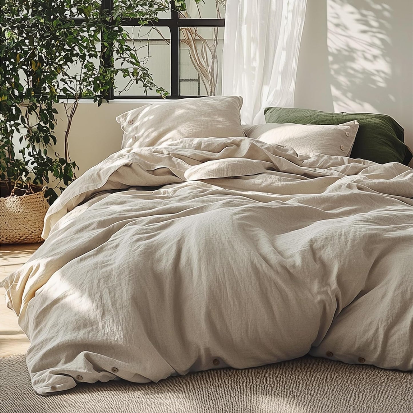 Bedsure Linen Duvet Cover Queen - Breathable Linen Cotton Blend Bedding Set for Hot Sleepers | 3-Piece in Linen Color