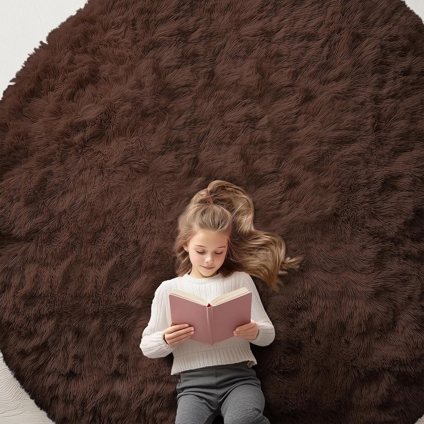 OLANLY Coffee Round Rug - Soft, Fluffy Shag Area Rug for Bedroom | 8 ft Circle, Machine Washable, Home Decor