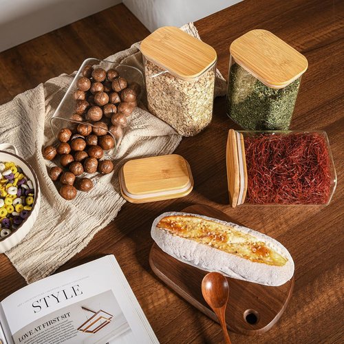 D2scrma Airtight Glass Storage Containers - 37oz Rectangle Set of 6 with Bamboo Lids | Ideal for Cereal, Nuts, Snacks & Coffee Beans