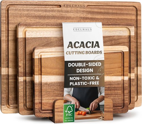 Acacia Wood Cutting Board Set - Non-Toxic, Durable Chopping Boards with Deep Juice Groove | 3-Piece Set for Meat, Cheese & Vegetables