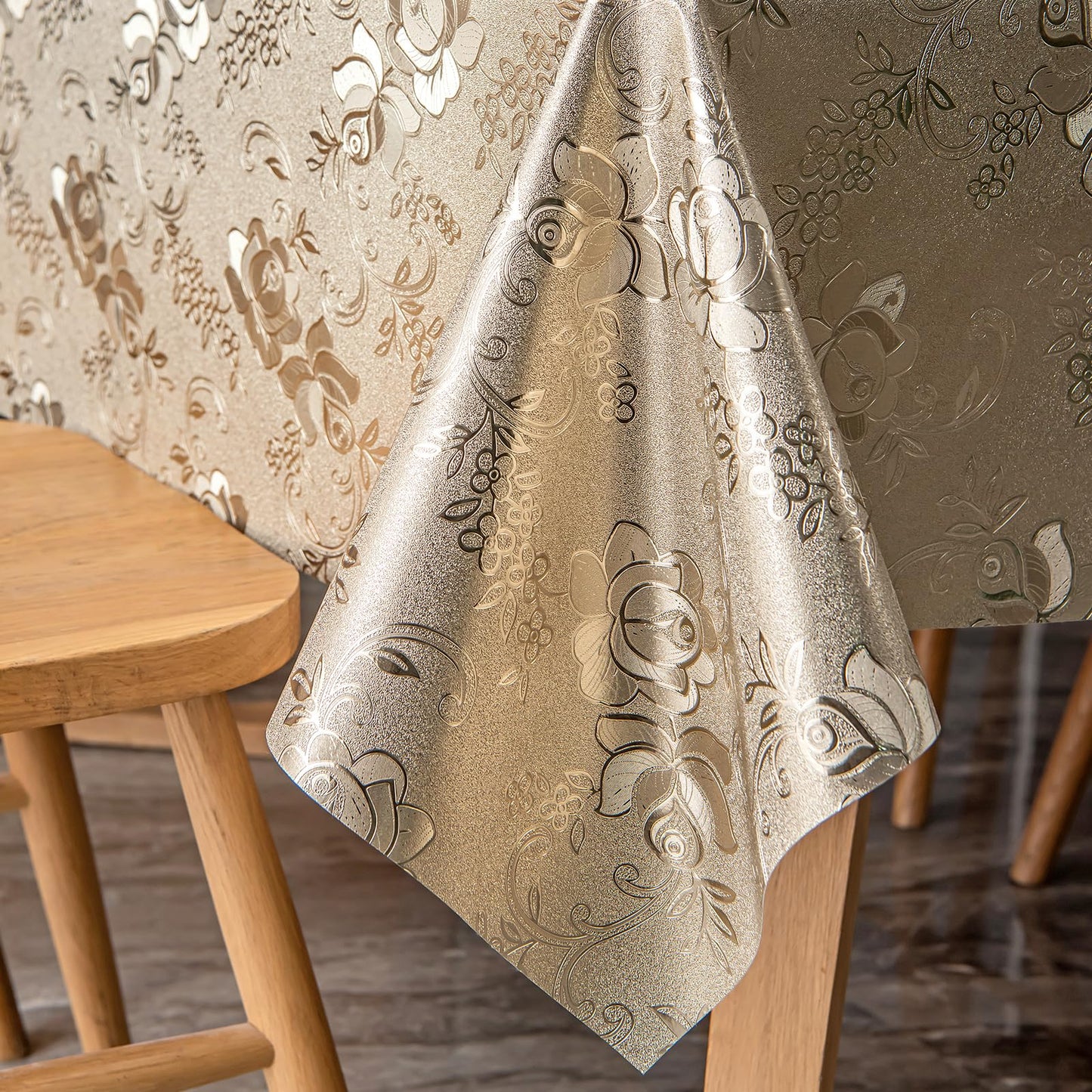 FAVE Gold Tablecloth Waterproof PVC Table Cover Wipeable Easy Clean for Kitchen Dining Table, Golden Rose Pattern 55x78 Inches for Wedding Banquet Birthday Party Restaurant Decors