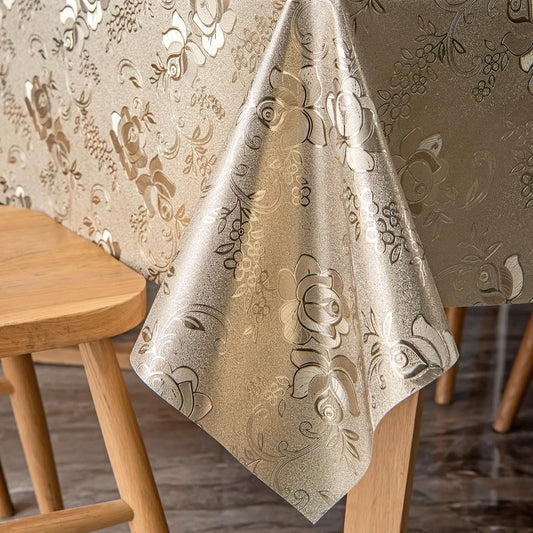 FAVE Gold Tablecloth Waterproof PVC Table Cover Wipeable Easy Clean for Kitchen Dining Table, Golden Rose Pattern 55x78 Inches for Wedding Banquet Birthday Party Restaurant Decors
