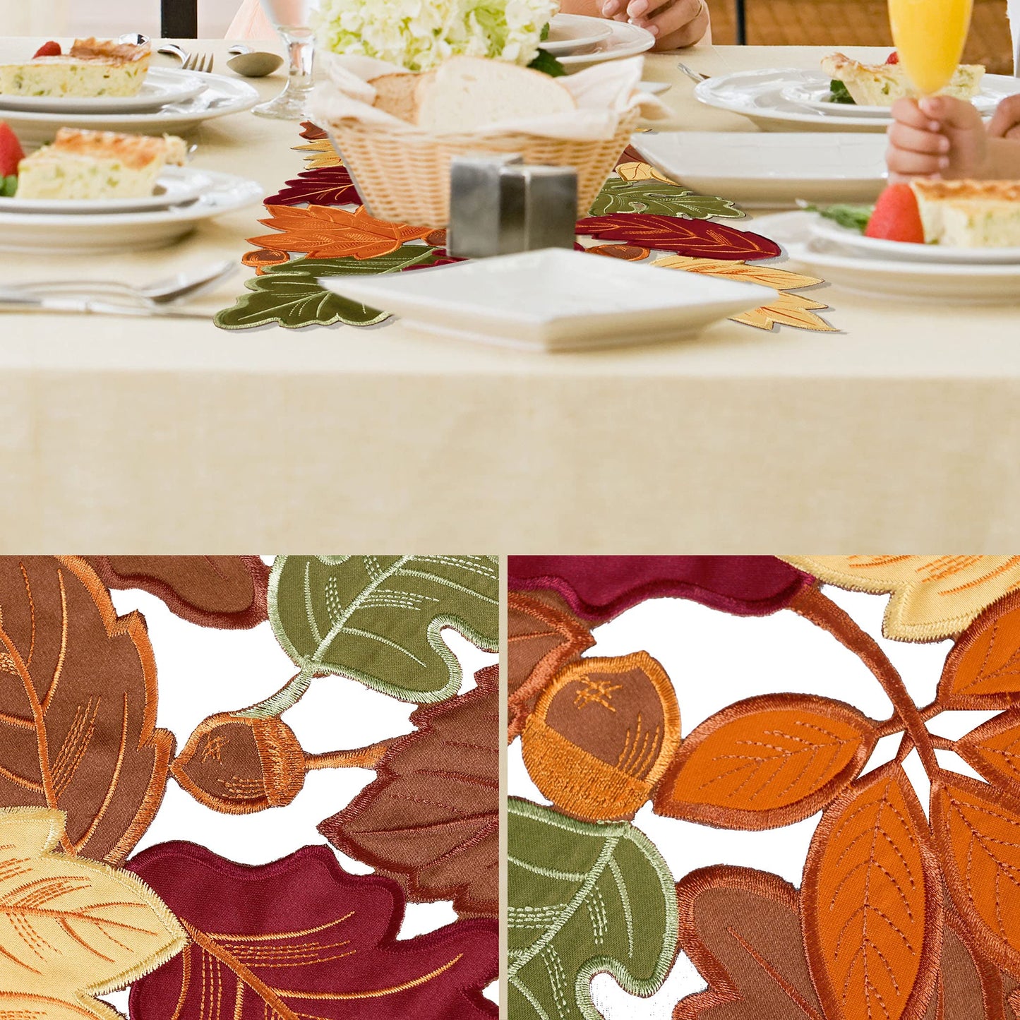 OWENIE Fall Table Runner - Thanksgiving, Farmhouse Embroidered Maple Leaves, 13 x 54 Inch, Orange