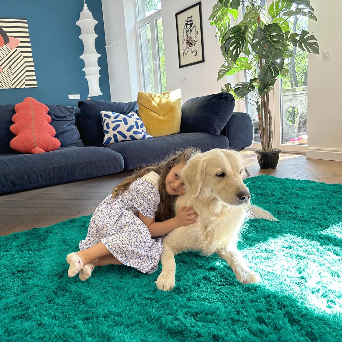 OLANLY 2x5 Soft Fluffy Machine Washable Runner Rug - Teal Green Shaggy Carpet for Bedroom & Hallway