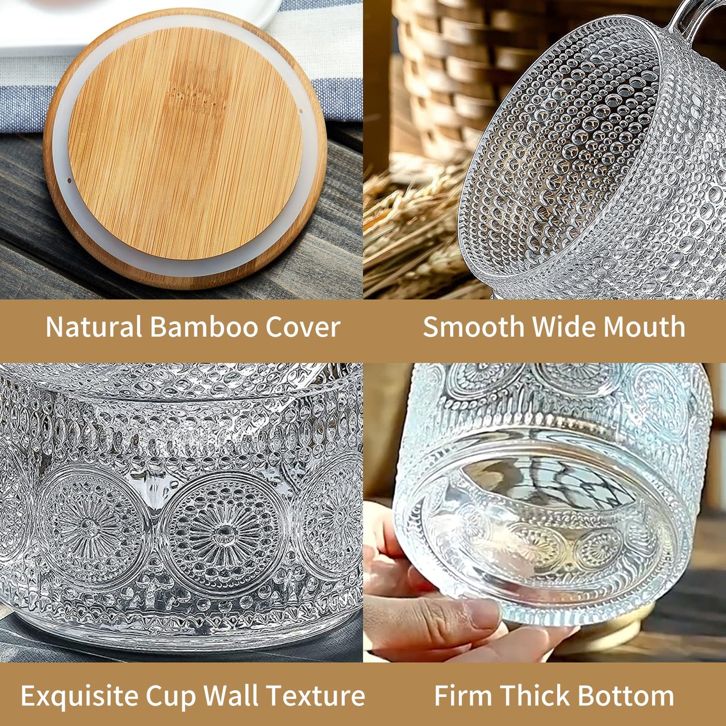 DOPUDO Vintage Glass Coffee Mugs,Overnight Oats Containers With Lids,Glass Cup With Sealed Lid and Spoon,Glass Coffee Mugs,Coffee Bar Accessories,Ideal for Cappuccino, Latte(4-Pack,14oz)