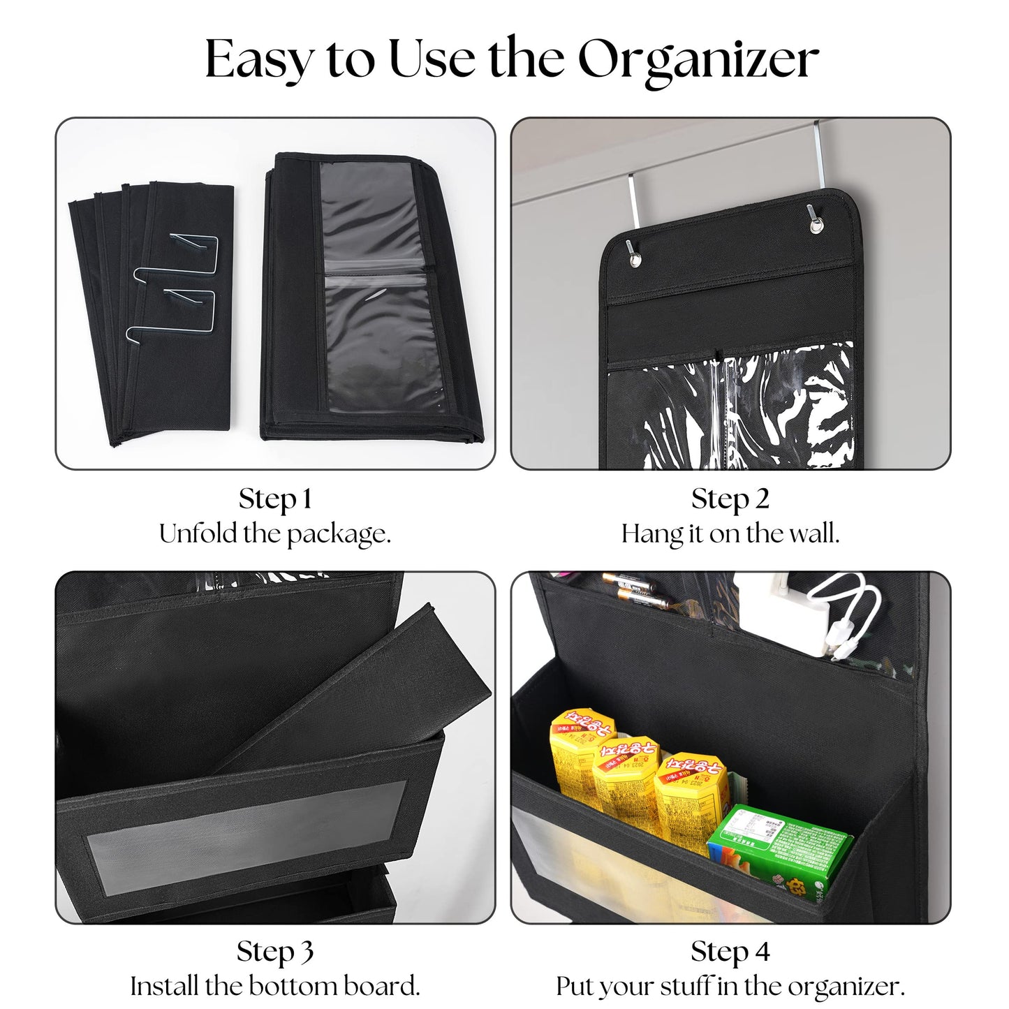 Giraffe Creation Over Door Organizer with 4 Large Capacity Pockets, Hanging Organizer Storage for Closet Bathroom Nursery Bedroom Dorm, Toys Cosmetics Sundries and Baby Essentials, Black