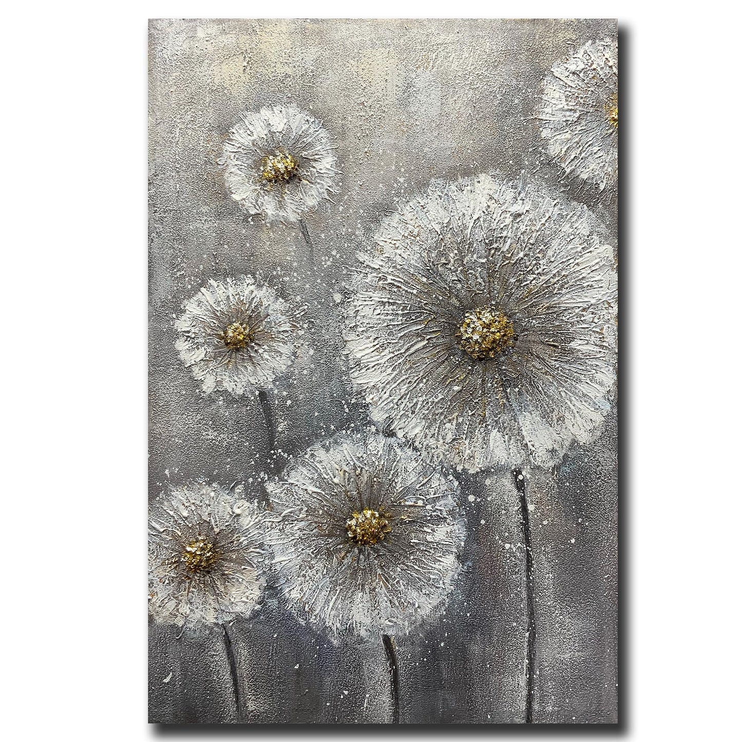 Boieesen Art,24x36Inch 100% Hand Painted Minimalist Dandelion Oil Painting White Wildflowers Wall Art Grey and Gold Floral Canvas Paintings Neutral Landscapel Artwork Oil Hand Painting for Living Room