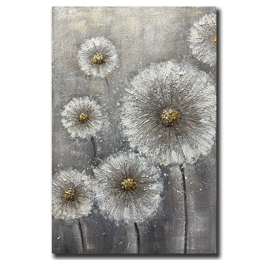 Boieesen Art,24x36Inch 100% Hand Painted Minimalist Dandelion Oil Painting White Wildflowers Wall Art Grey and Gold Floral Canvas Paintings Neutral Landscapel Artwork Oil Hand Painting for Living Room
