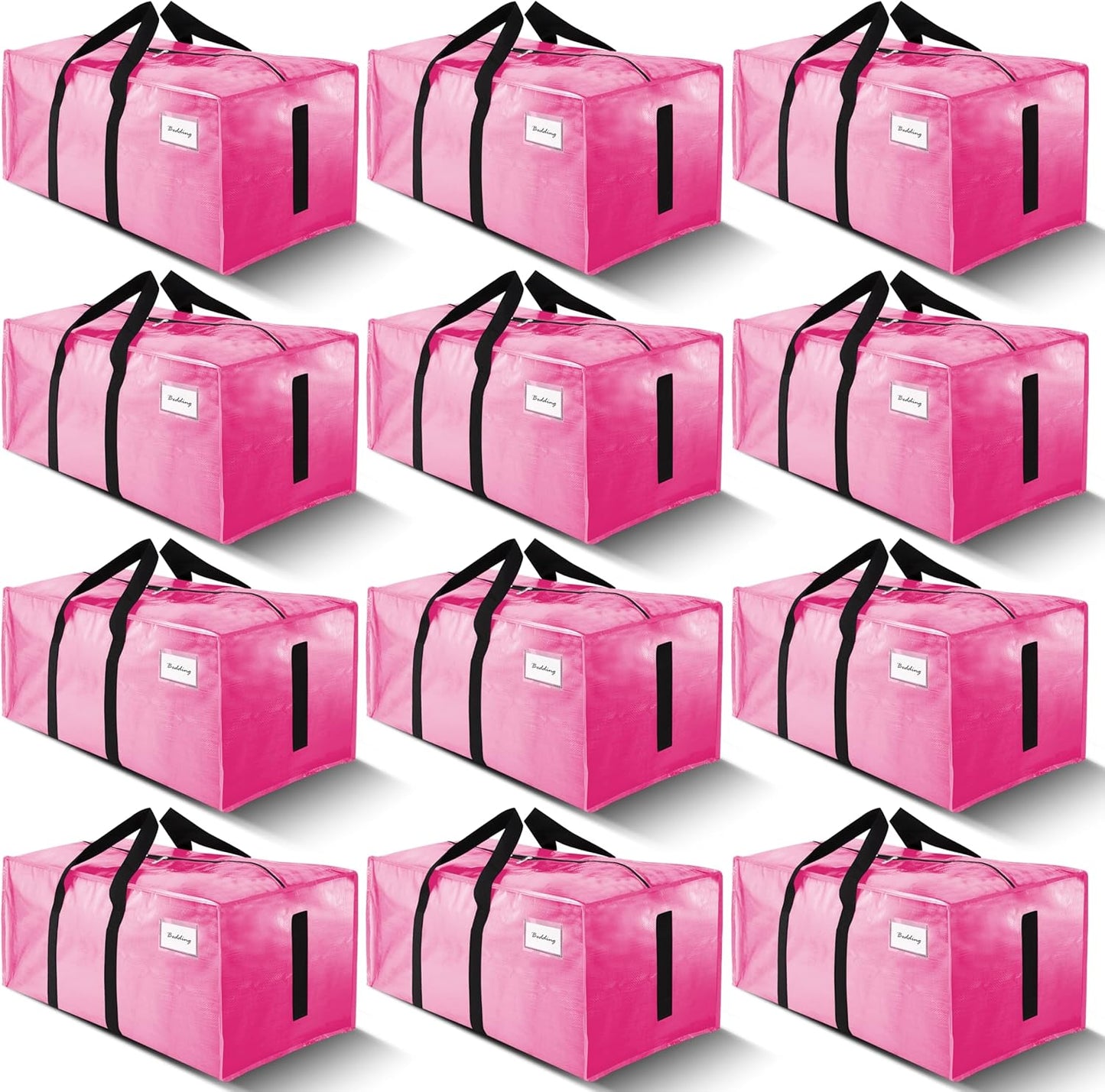 Strong Moving Bags - 12 Pack Water-Resistant Storage Totes with Zippers & Handles | Heavy Duty, Space-Saving (Pink)