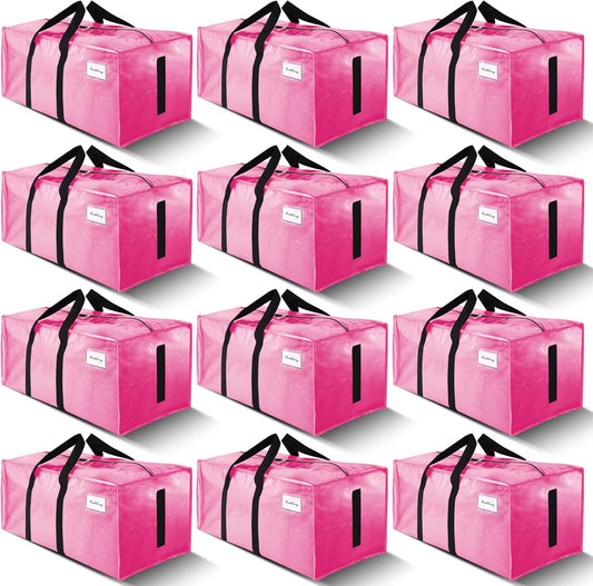 Strong Moving Bags - 12 Pack Water-Resistant Storage Totes with Zippers & Handles | Heavy Duty, Space-Saving (Pink)