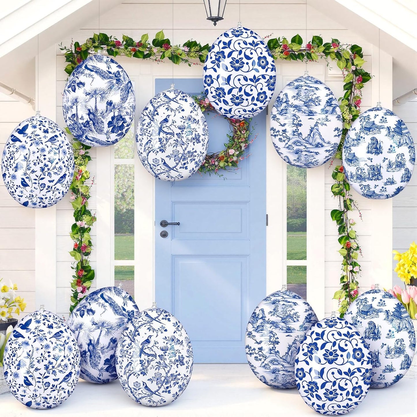Realspring Inflatable Easter Eggs - 12 Pcs Blue & White Chinoiserie Decor | Large Outdoor Ornaments