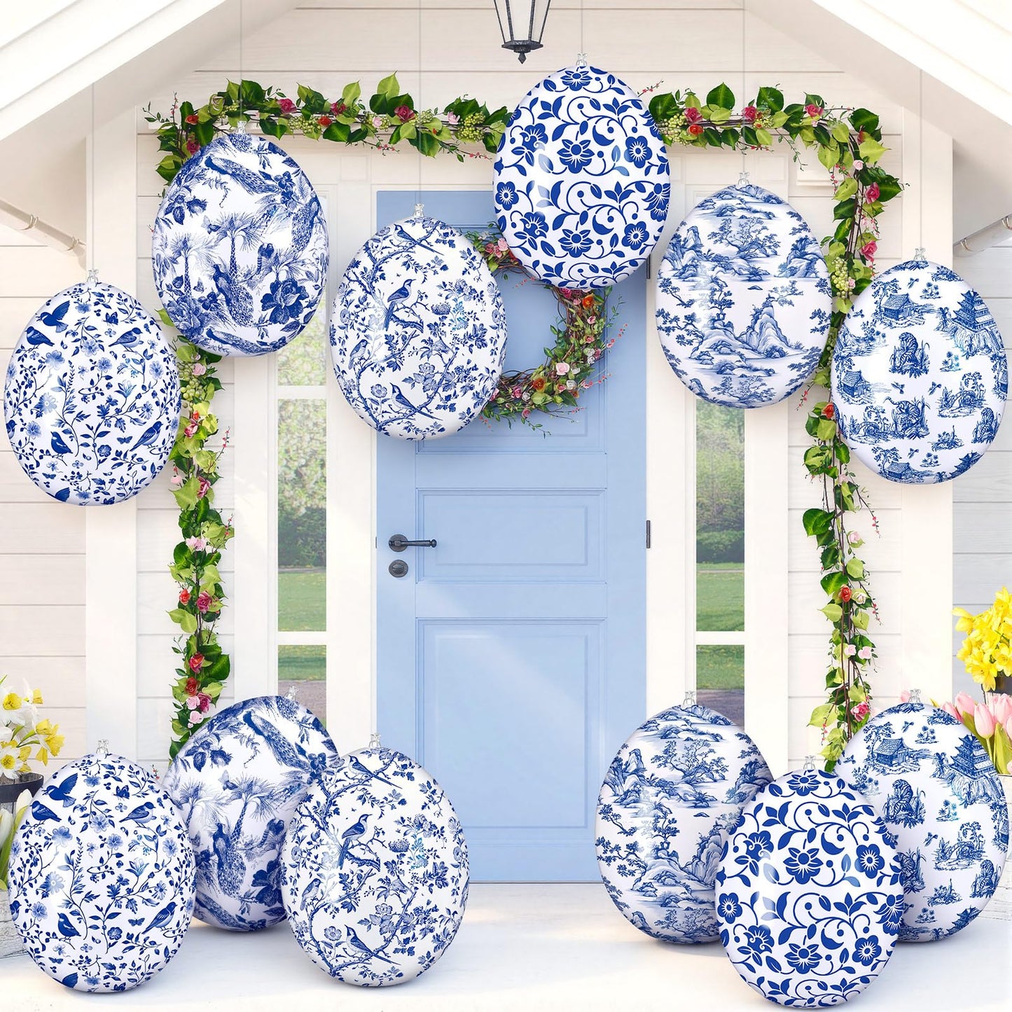Realspring 12 Pcs 12 Inch Inflatable Blue and White Easter Eggs Decorations Chinoiserie Porcelain Easter Inflatables Outdoor Decor Spring Large Blow up Hanging Egg Ornaments for Holiday Party Supplies