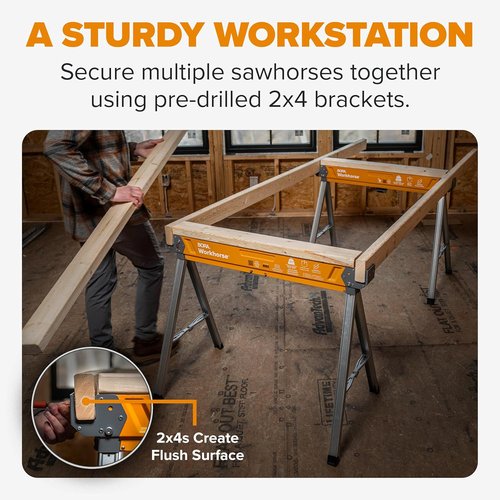 BORA Workhorse Saw Horses - Heavy Duty Folding Metal Sawhorses with Built-In Bottle Opener | 2-Pack
