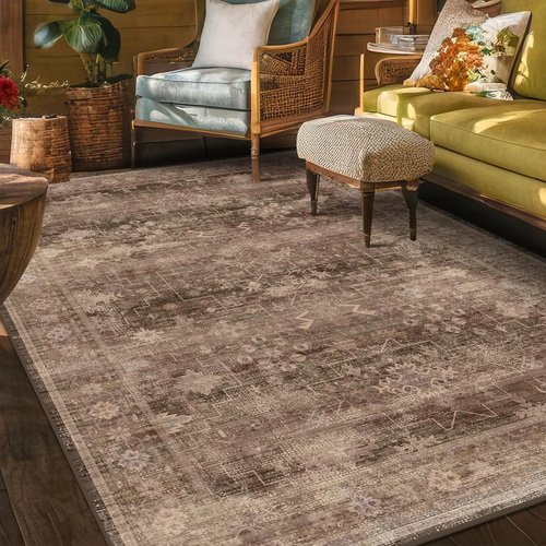 Hazo Haus Boho Taupe Brown 5x7 Area Rug - Modern Vintage Non-Slip, Washable Low Pile for Living Room & Dining