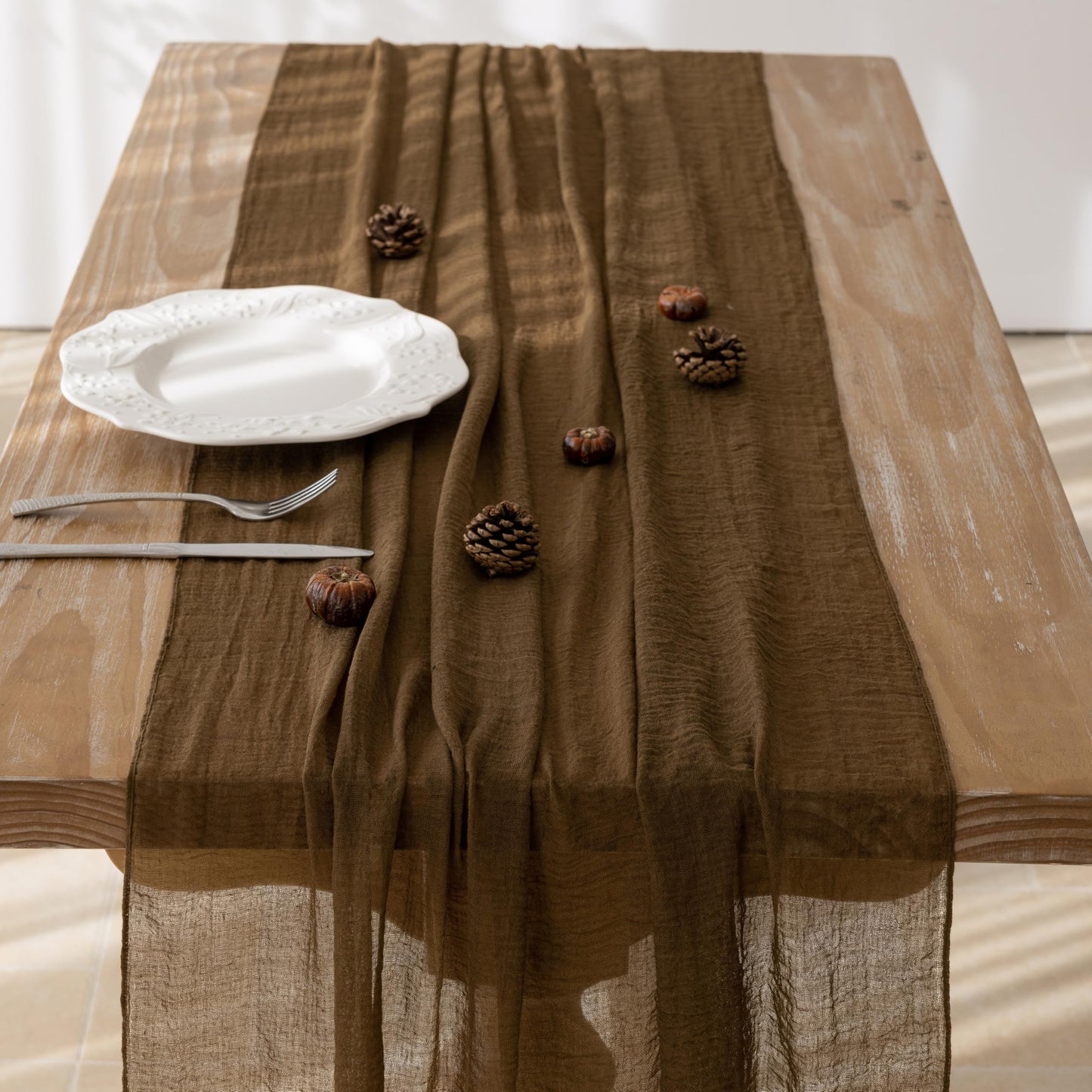 Keketoarrange 10pcs Coffee Gauze Rustic Tan Cheesecloth Table Runner 120 Inch 10 FT for Wedding Baby Shower Bridal Shower Birthday Engagement Garden Outdoor Party Long Sheer Boho Decorations