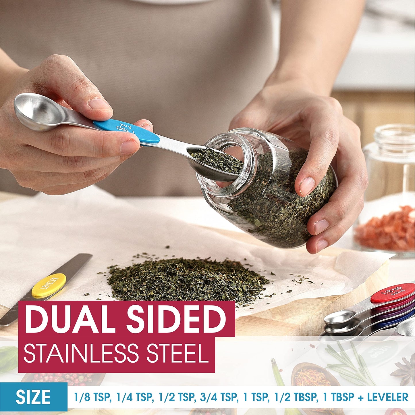 Spring Chef Multicolor Stainless Steel Magnetic Measuring Spoons Set of 8 with Leveler, Nesting Metal Teaspoon & Tablespoon Measuring Spoons, Kitchen Gadgets for Baking & Cooking - 2 Pack