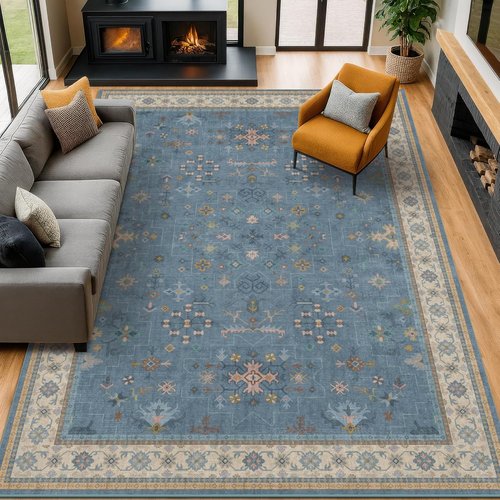Hazo Haus Boho Area Rug - Large 8x10 Dusky Blue Soft Washable Non-Slip for Living Room & Bedroom