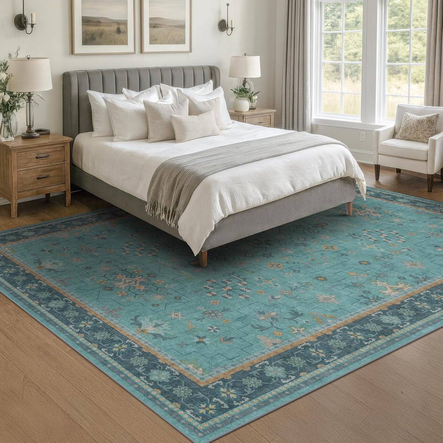 Teal 7x10 Large Area Rug - Washable Soft Floral Pattern for Living Room & Bedroom Décor