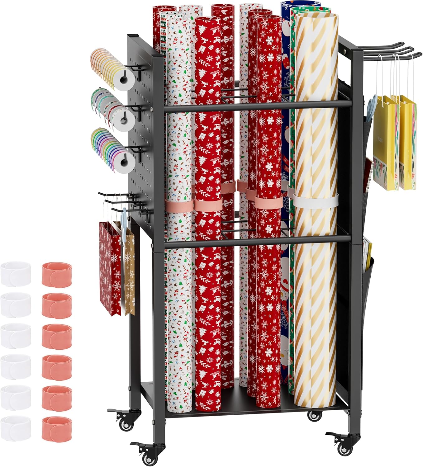 Skiennix Wrapping Paper Storage Organizer - Rolling Gift Wrap Station with Wheels & Ribbon Holder | Black