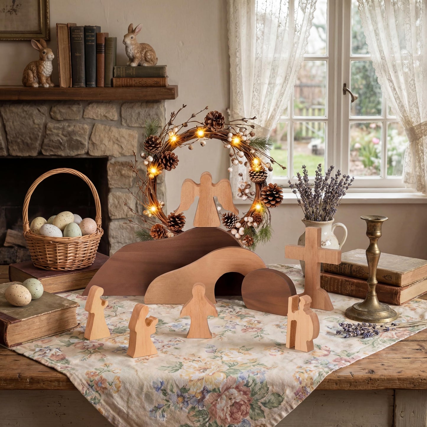 Vercraft 9 Pcs Religious Easter Decorations for Home Empty Tomb Easter Scene and Cross Decoration Wooden Resurrection Scene Set Jesus Nativity Tomb Decor for Christian Table Tiered Tray Office Crafts