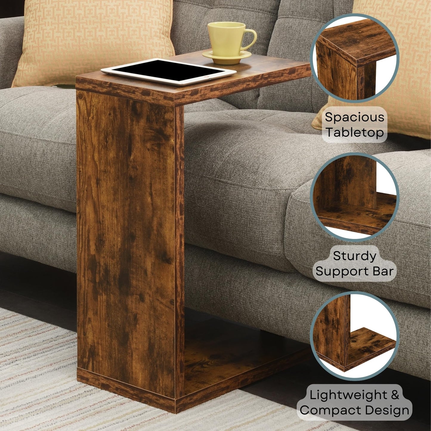 Convenience Concepts Northfield Admiral C Shaped End Table 18" - Contemporary Modern C Shaped Side Table, Minimalist Couch Sliding End Table for Living Room, Barnwood
